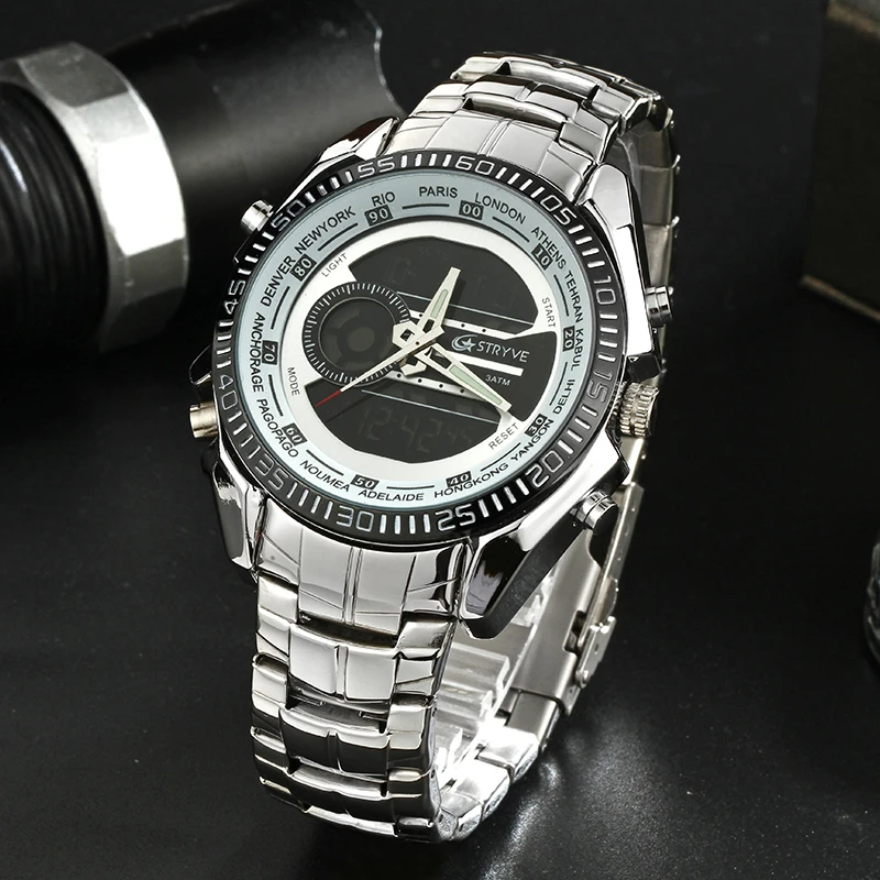 Stryve Brand Luxury Watch Dual Time Chrono Clock Stainless Steel Heavy Dial Waterproof Sports Men Quartz Wrist Watches