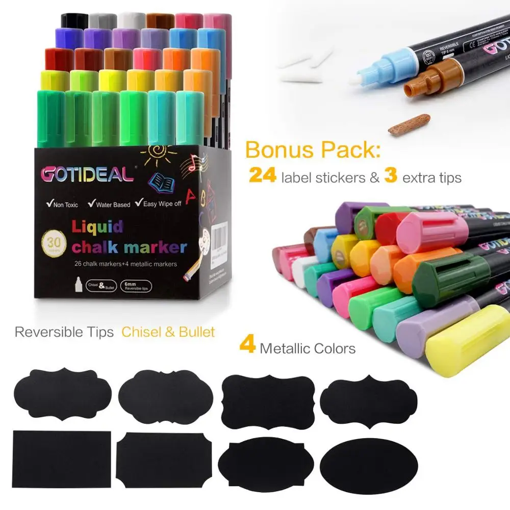 Fine Tip Chalk Markers - Pack of 10 Neon Color Pens - Non Toxic Wet Erase Chalkboard Window Glass Pen - 3mm Reversible Bullet & Chisel Nib