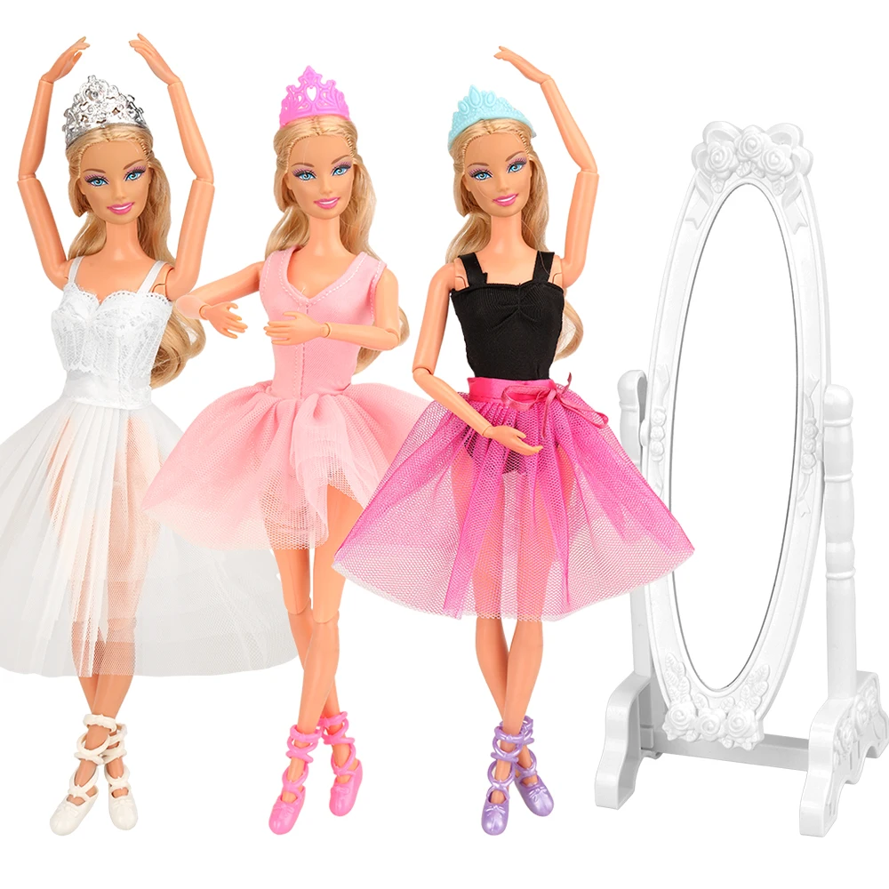 Fashion cheap Handmade 10 Items /lot =3 Ballet tutu dress + 3 Dolls Shoes + 3 Crowns + 1 Mirror For Barbie 11.5-12 inch doll