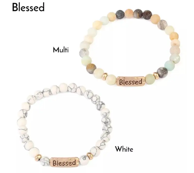 Hope Love Faith Blessed Stretch Metal Plate Engraved Message Stone Bead Bracelet