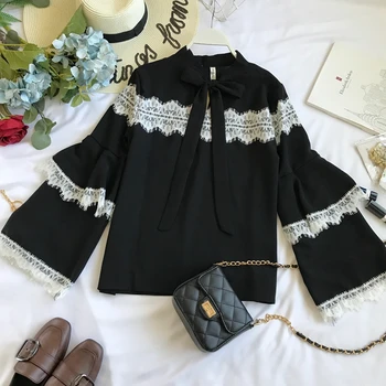 Women spring lace patchwork long flare sleeves blouses bow collar chiffon shirt casual elegant blouse tops E1059