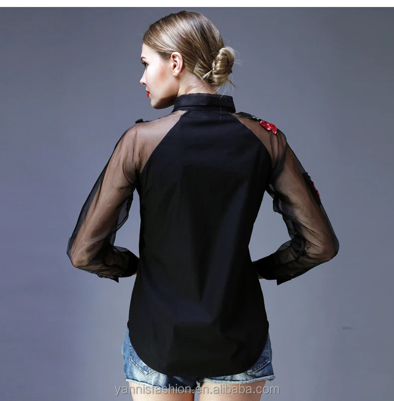 New Spring and Summer Blouse Blusa Embroidered Flowers Organza Long-sleeved White Shirt Black and White Women Tops Efu1022