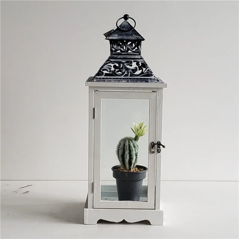 Summer Antique Grey Metal Wood Candle Lantern White Vintage Lantern With Free Sample
