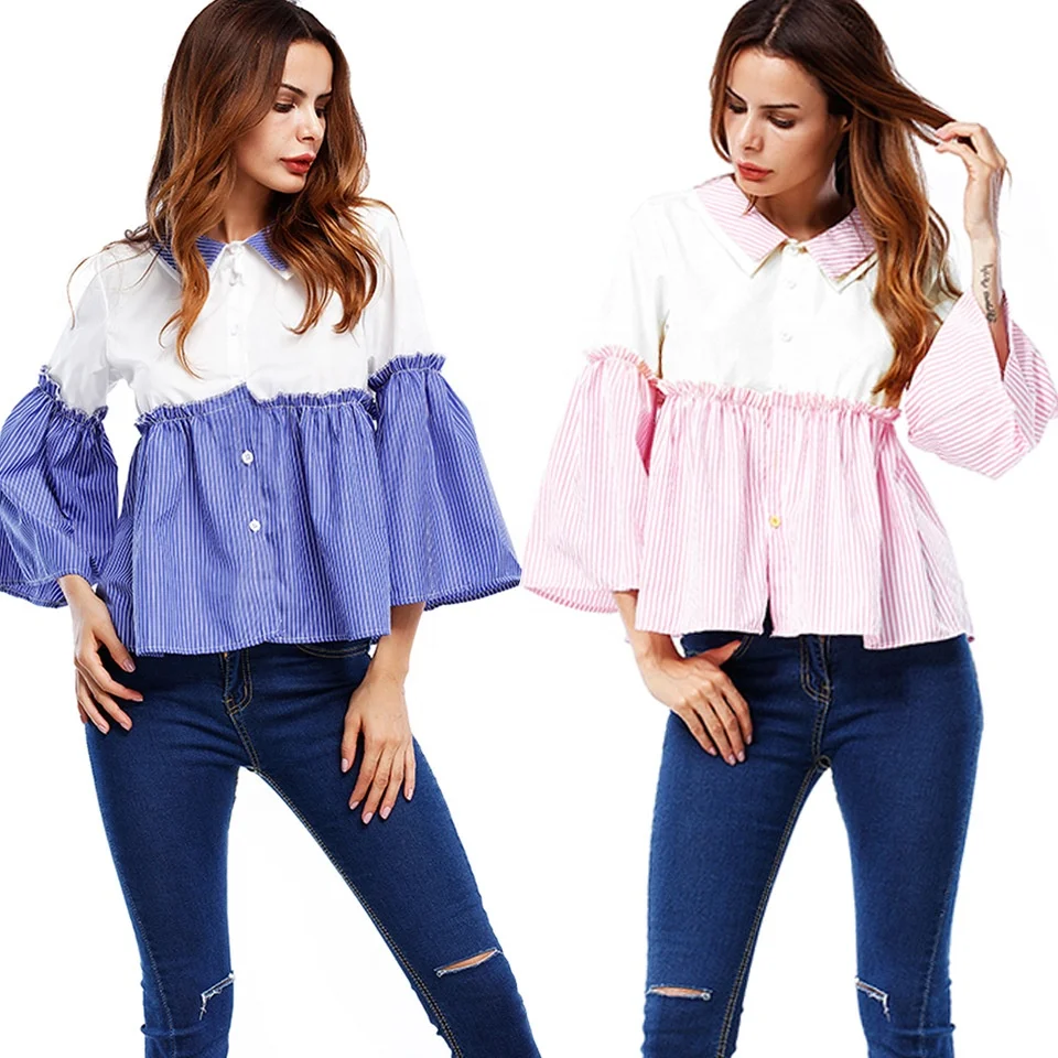 2018 Spring Autumn Womens Girls Flare Sleeve Tops Shirts Casual Solid Blouse LI0