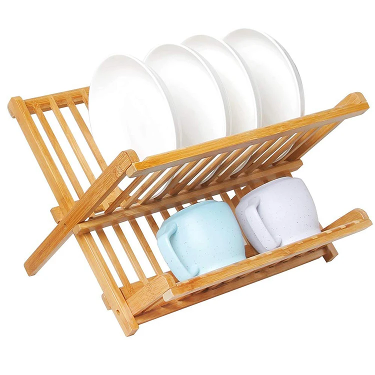 Foldable Dish Drainer Bamboo Drying Dish Rack for Kitchen Counter