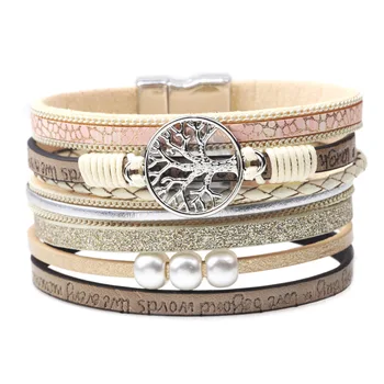 Women Magnetic Buckle Multilayers Leather Crystal Rhinestone Tree of Life Charm Bracelet Multilayer Leather Pearl Wrap Bracelet