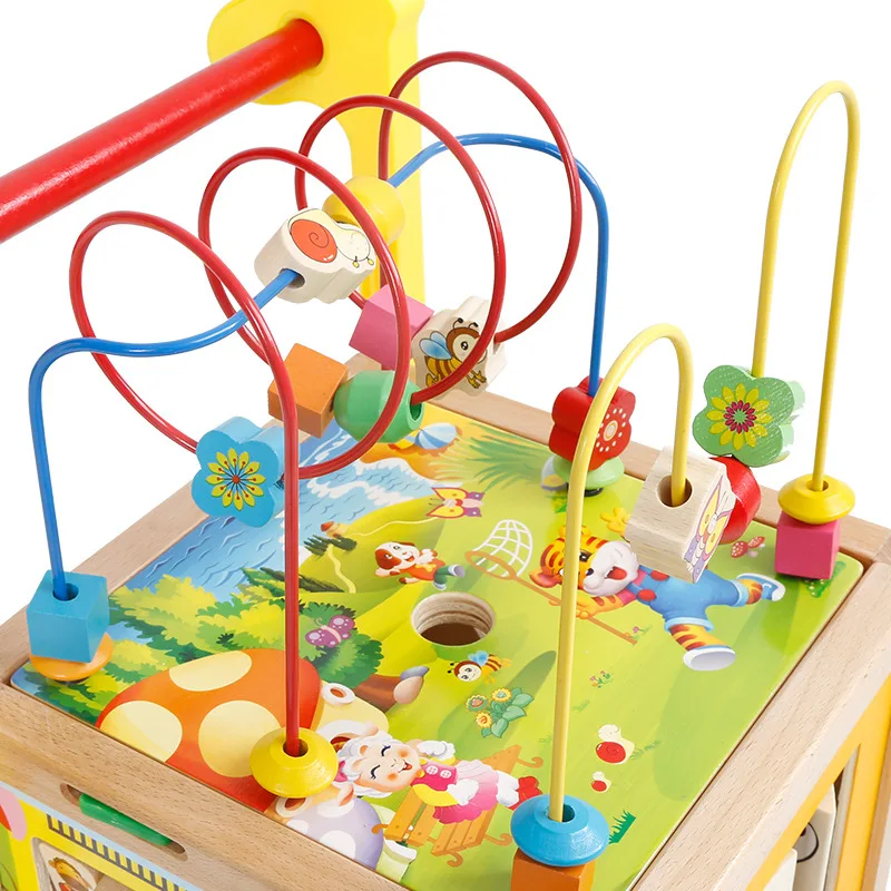 Infant Baby Early Walker Puzzle Multifunctional Learning Round Beads Educational Wooden Trolley Toys