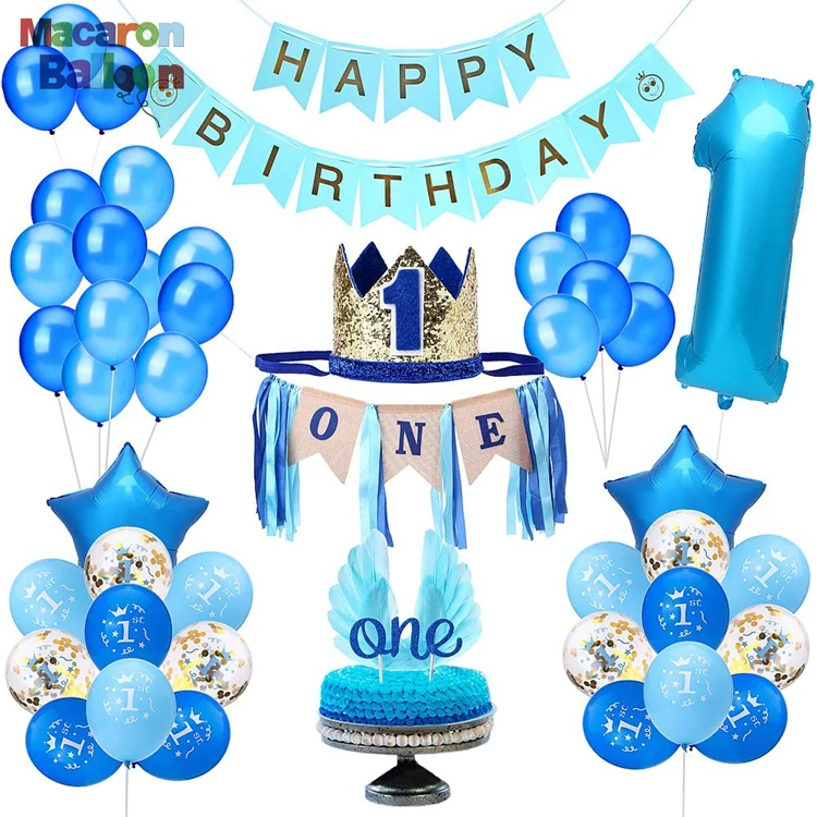  Boy First Birthday Decorations - One Cake Topper, Blue