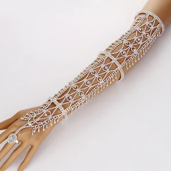 Crystal rhinestone arm hand chain cuff ring copper bracelet