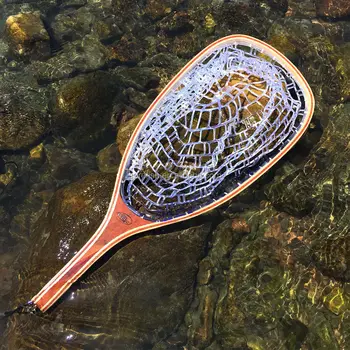Filets d'atterrissage pour pêche à la mouche, manche en bois, maille transparente en caoutchouc/nylon, maille pour truite, capture de poisson, outil de pêche en rivière