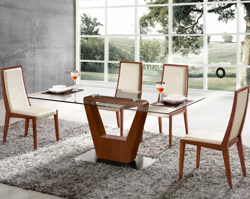 China Furniture Modern Square Glass Dining Table Wooden Base Table