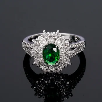 Caoshi Dainty Flower Shape 925 Silver Plated Emerald Cut Stone Ring Women Emerald Diamond Ring