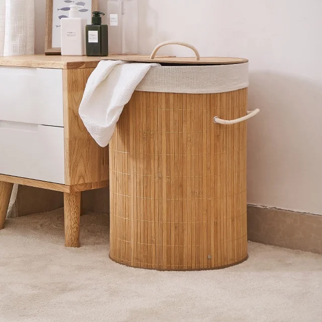 Round Folding Bamboo Laundry Basket With Polyester Lining And Handles