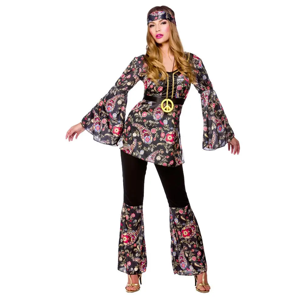Womens Ladies Hippie Hippy Fancy Dress Costume Outfit 60s 70s Retro Groovy Flare