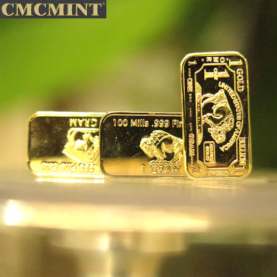 1 Gram .100 Mils Gold Plated Brass Buffalo Bars Clad Bullion With Plastic case Packing