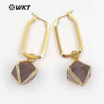 WT-E450 Heal Stone Dice Shape Rainbow Fluorite With Gold Dipped Rectangle Metal Hoop Inlay Earring Women Dainty Jewelry Earring