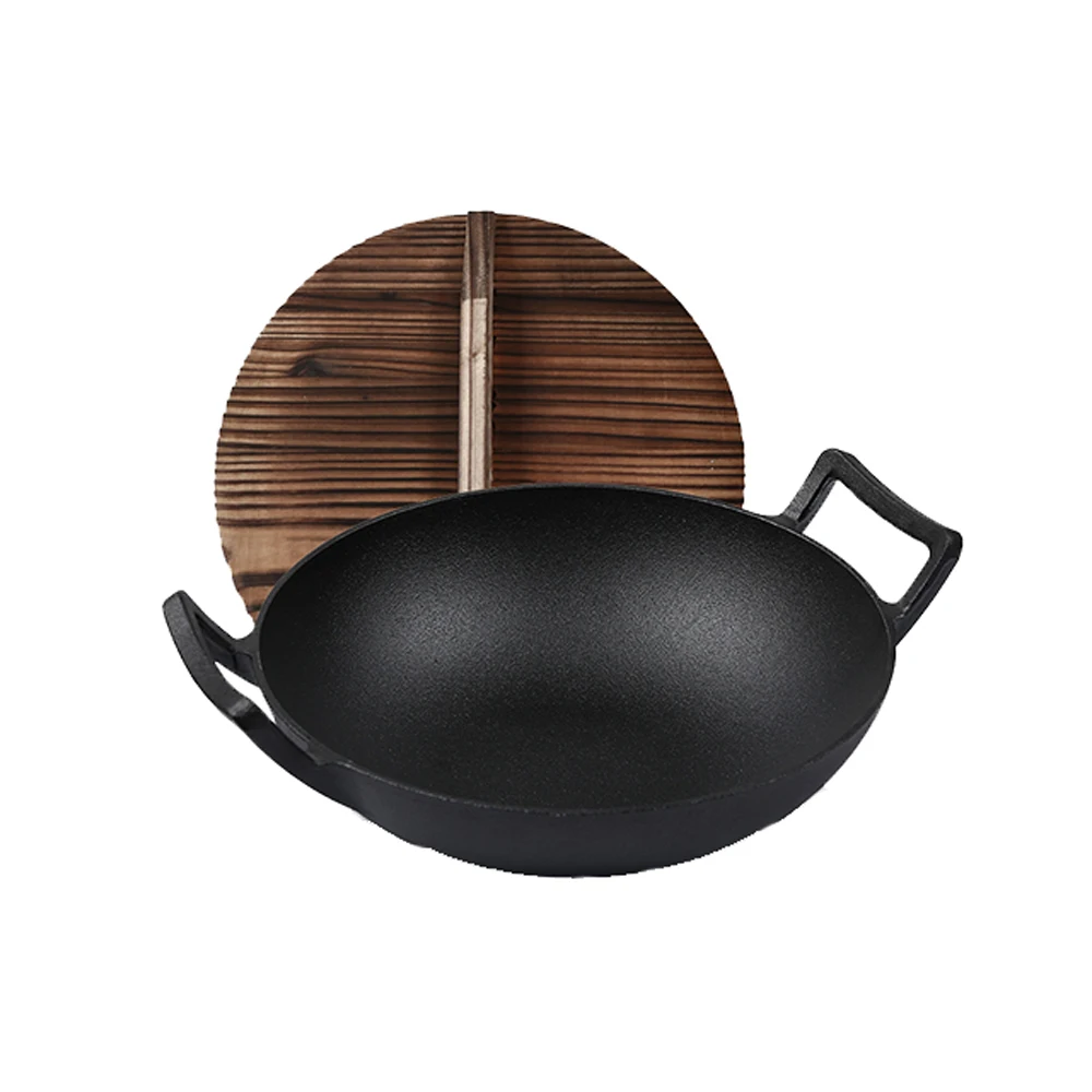 Wholesale China factory Pre-Seasoned 14-inch Cast Iron Wok with Large Loop  Handles & Flat Base factory and suppliers