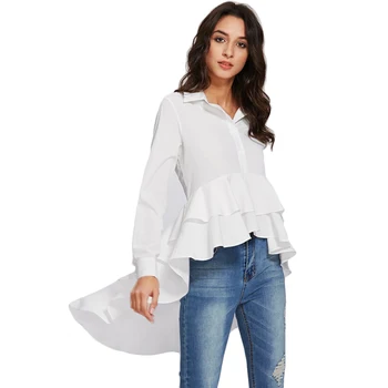 2018 Long Sleeve Ruffle Slim White Turn-down Collar Dip Hem Elegant Blouse for women