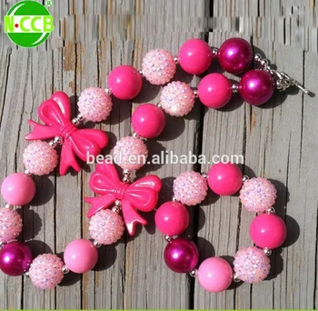 Pink Bow Chunky Bubblegum Bead Necklace Set