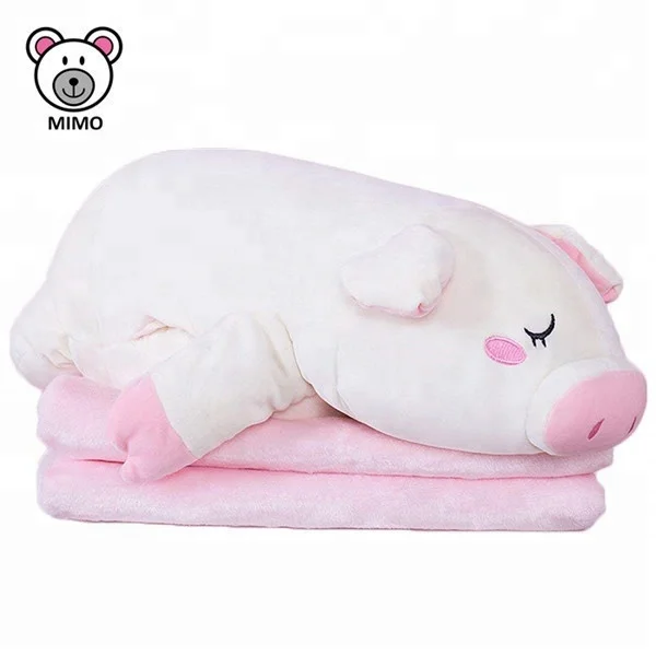 Pink Pig And Blue Penguin Design Cartoon 2 in 1 Pillow Blanket For Kids Custom Cute Polar Fleece Plush 100% Cotton Baby Blanket