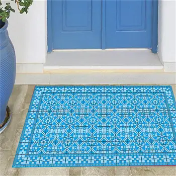 Vinyl Floor Mat With Decorative Tiles Pattern in Blue. Spanish Style Area  Rug, Kitchen Rug, Printed on PVC. Art Mat PVC Rugs. 