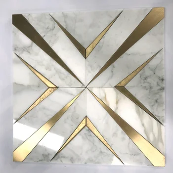 Calacatta White Marble Stone Waterjet Mosaic Inlay Brass Tile - Buy ...