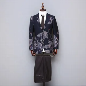 Jacquard Woolen Fabric Men's Single-Breasted Fitness Suit Zipper Fly Anti-Wrinkle Anti-Shrink Elegant Thin Lapel Pants Wedding