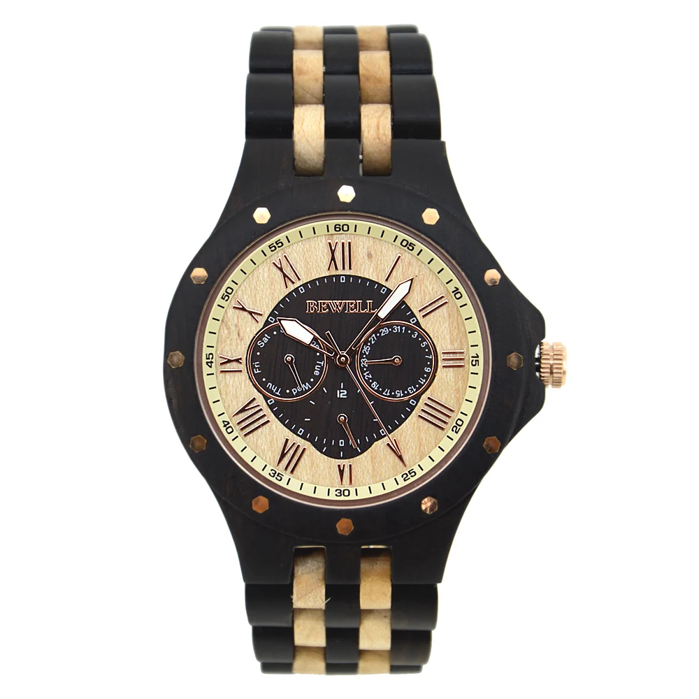 Bewell Wooden Watch with Japan Multi Function 6P29 Movement