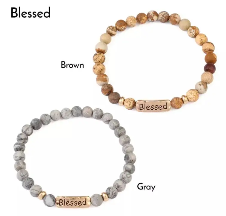 Hope Love Faith Blessed Stretch Metal Plate Engraved Message Stone Bead Bracelet