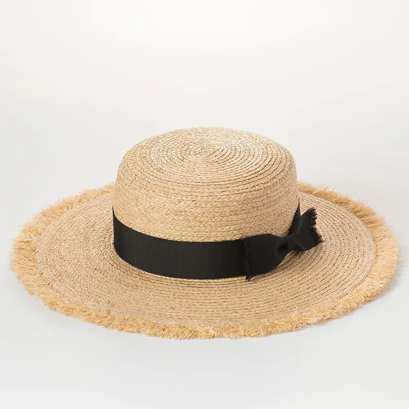 Fashion Summer Women Sun Hat Trend Frayed Brim Natural Raffia Straw Boater  Hat
