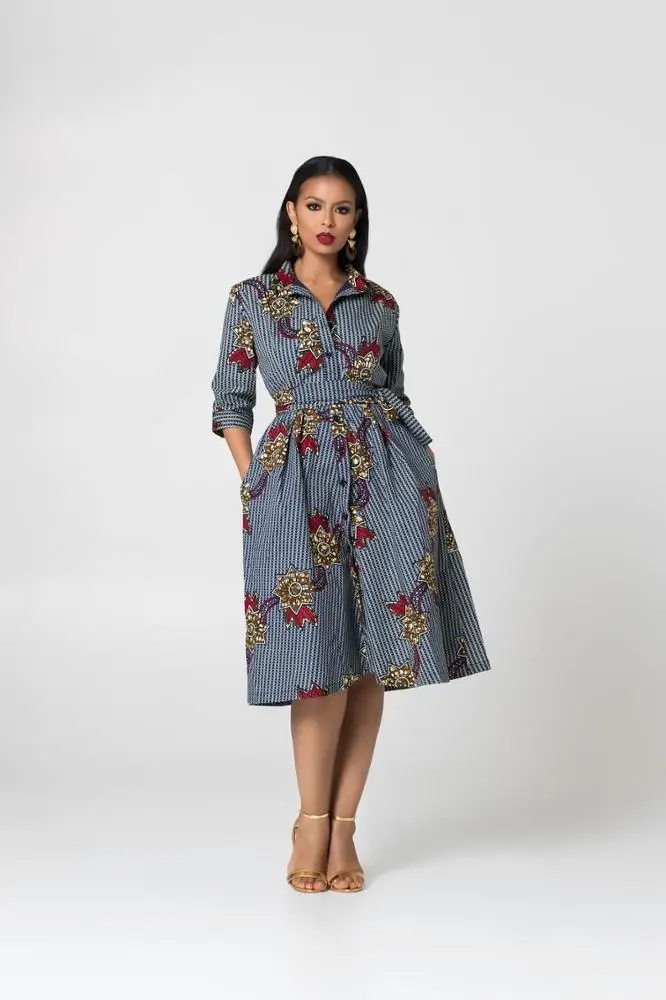 knee length dresses for ladies Traditional African Dashiki Ankara Kitenge Wax Print Tee Shirt + Dress –  Asigbe main image 1