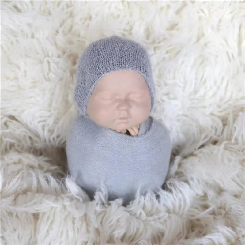 Ангорская шапка для новорожденных вязаная шапочка с начесом Серая маленьких мальчиков шапка-альпака детская фотографирования пушистая младенцев реквизит