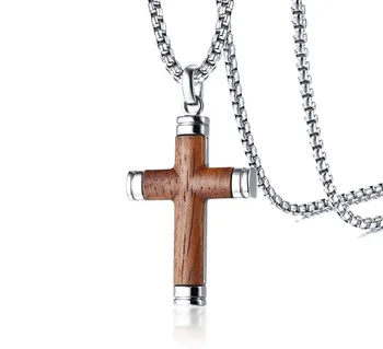 men rose wood cross necklace