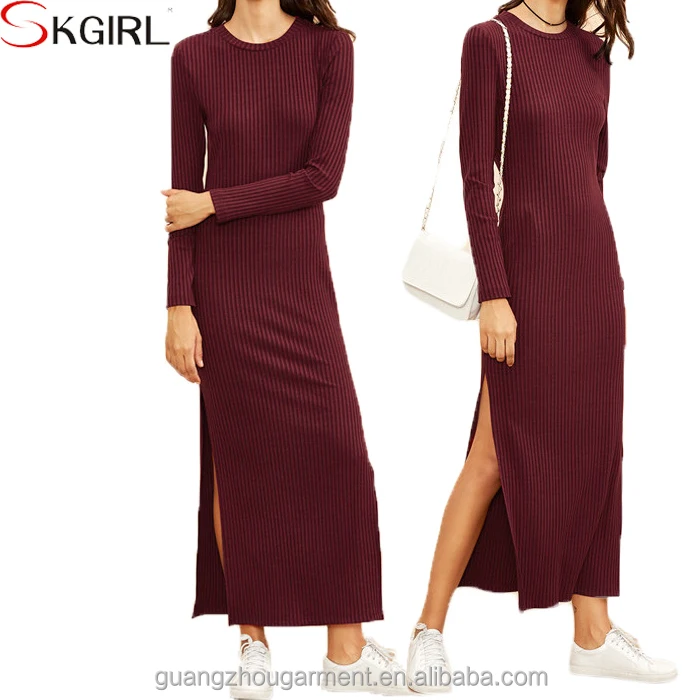 Casual Jersey Plus Size Long Sleeve Sexy High Split Ribbed Maxi Winter Dresses For Women Simple One Piece Design Buy Sexy Split Maxi Dresses Plus Size Long Sleeve Maxi Dresses Casual Maxi Winter