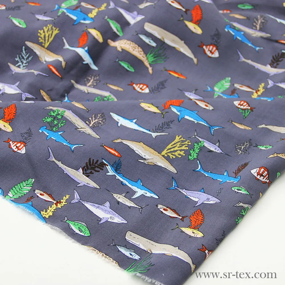 Высококачественная 140gsm вискозная цифровая ткань с принтом рыбы для мужской повседневной рубашки