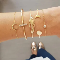 5Pcs/Set Fashion Punk Gold Chain Moon Leaf Crystal Geometry Open Bracelet Set Women Charm Beach Jewelry Drop Shipping