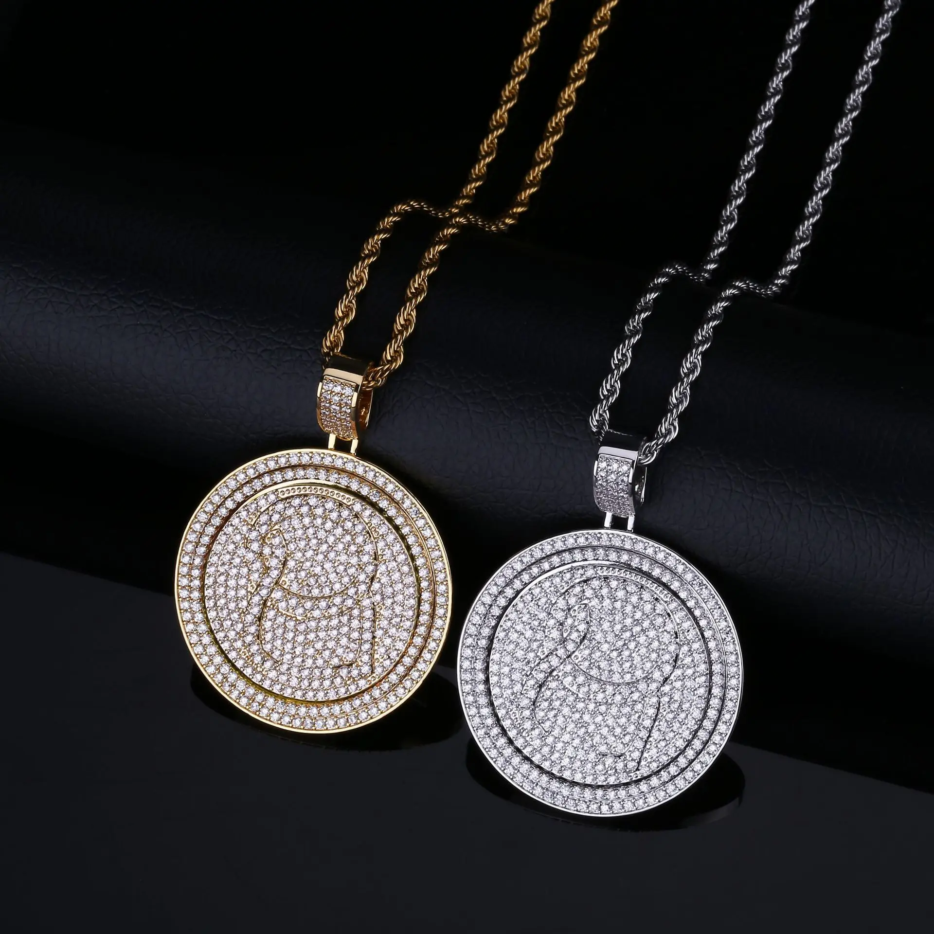 Rapper Migos QC Revolving Double Disc Zircon Coin Pendant Necklace