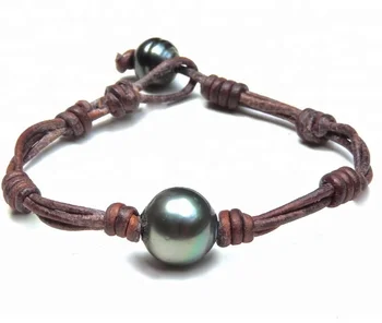 Popular Braided leather tahiti pearl bracelet men