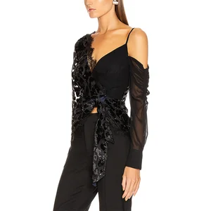 New Design  Sexy Top Sheer  Wrap V Neck Women Shoulder Strap  Lace Long Sleeves Elegant Ladies Shirt