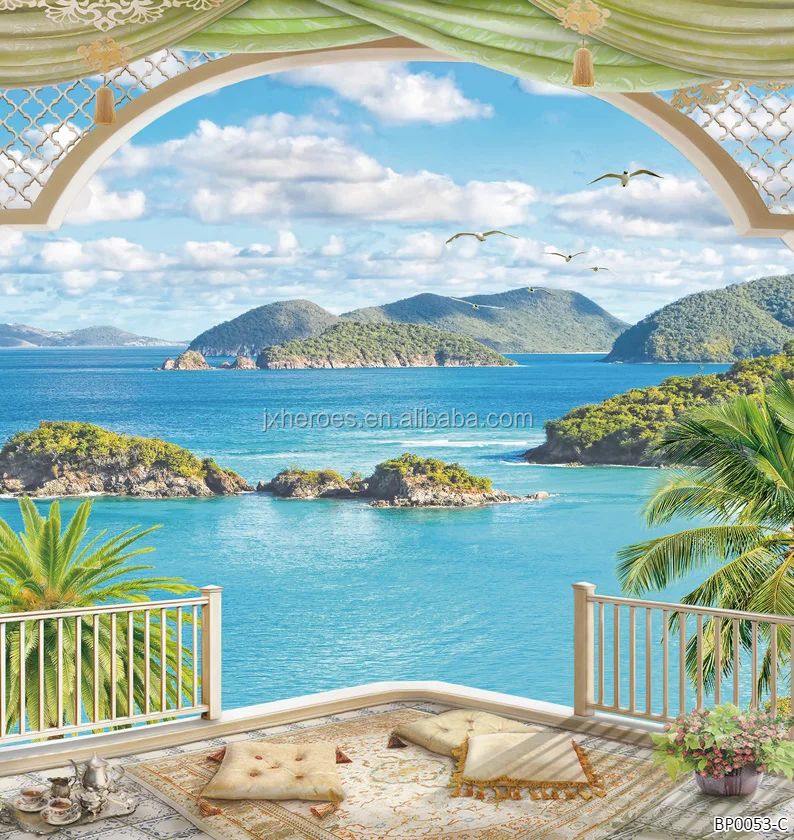 KOMNNI European-Style Balcony 3D Wallpaper Island Sea View Self