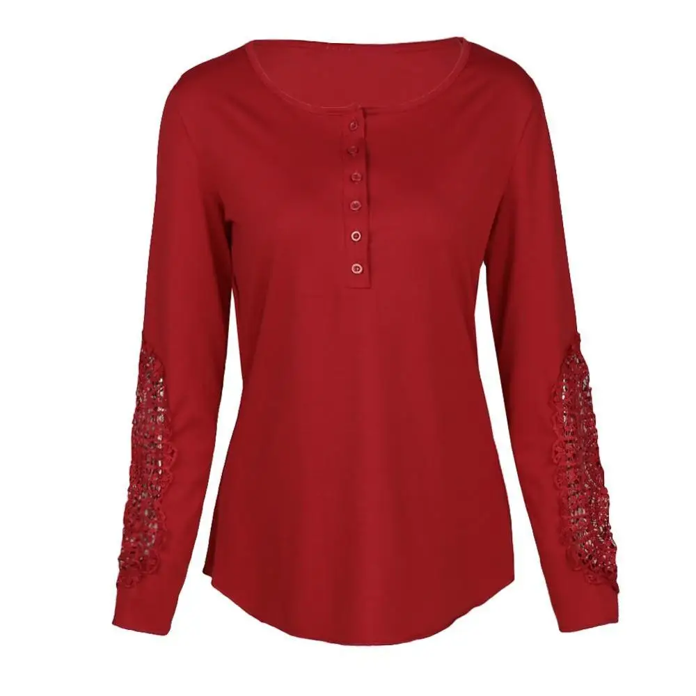 Sidiou Group Women Blouse Crochet Lace Splicing Long Sleeve Button Round Neck Hollow Solid T-Shirt