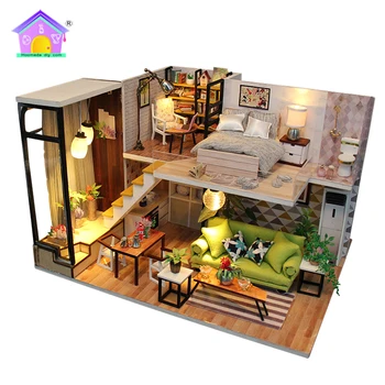 DIY handmade with light and furniture dollhouse unusual home decor