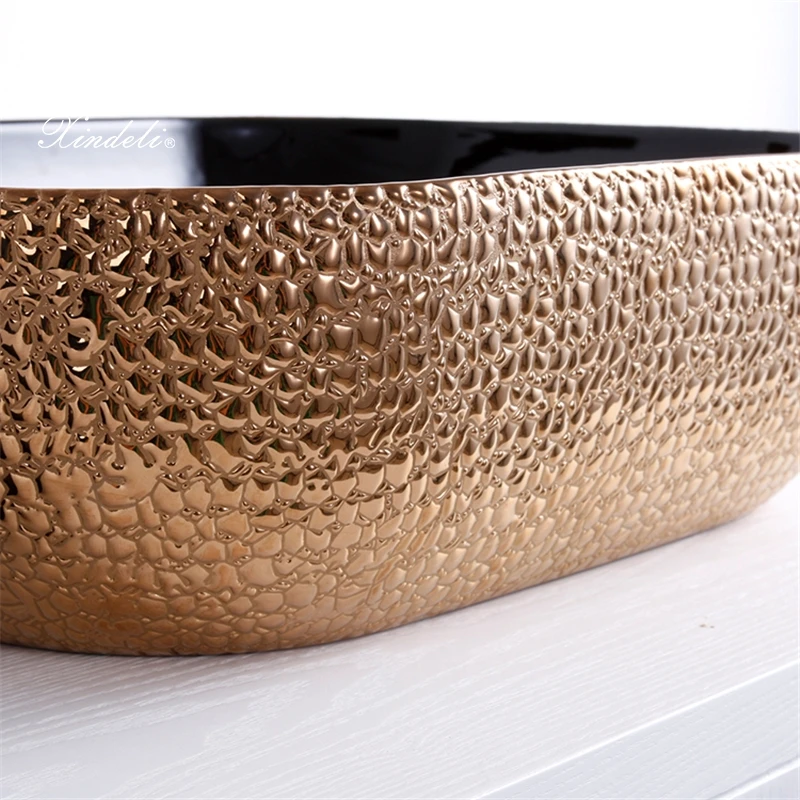 Crocodile Leather Rectangular Large Black Rose Gold Electroplate Art Countertop Sink Washing Basin for Bathroom