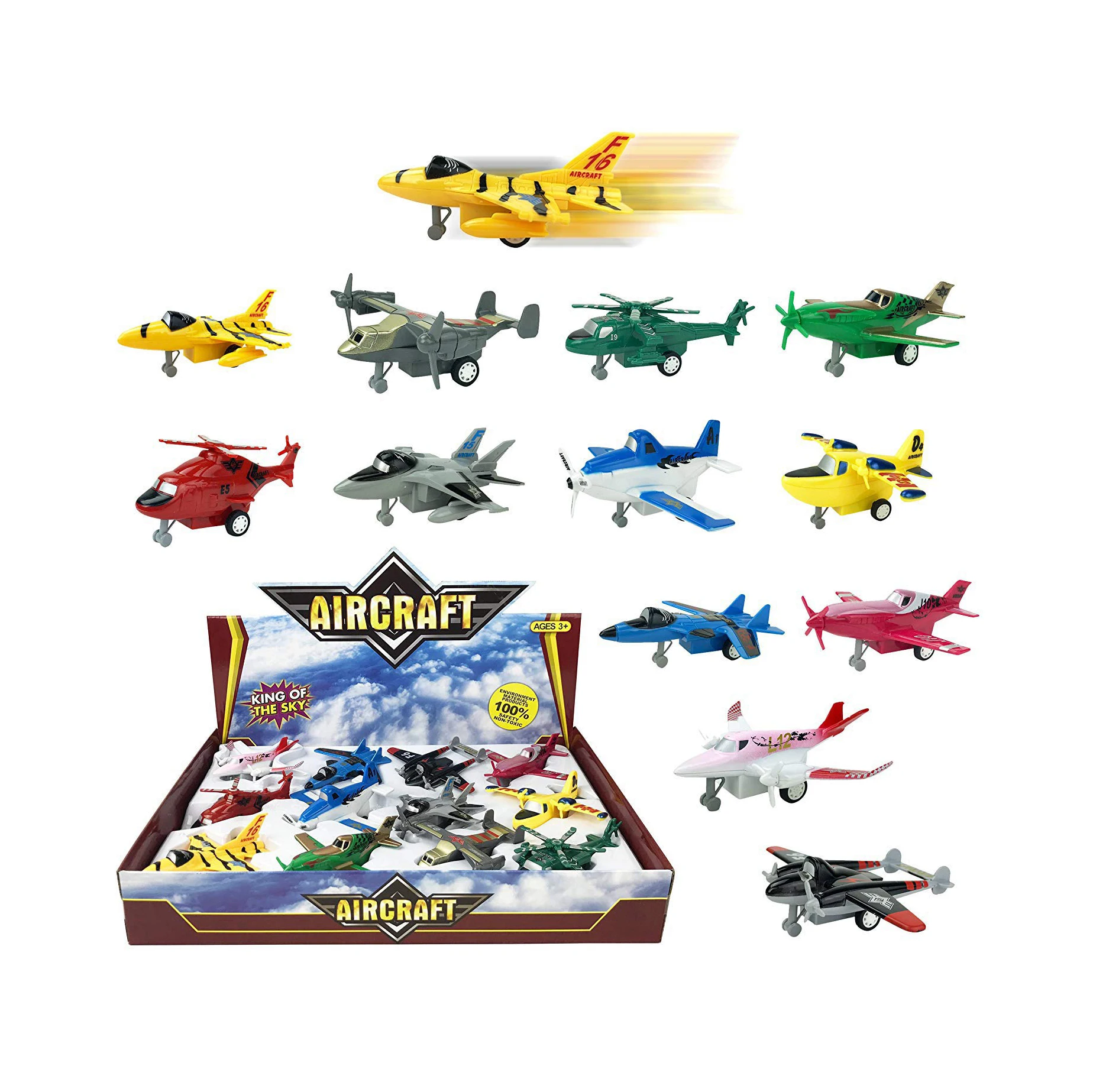 Liberty Imports Set of 12 Pull Back Airplanes Vehicle Playset Planes and More! Fighter Jets Aircraft Variety Pack of Helicopters Stealth Bombers 