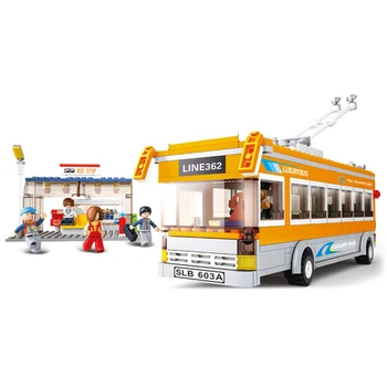 Sluban City bus series yellow tram bus mode set car semt bricks education plastic building blocks car toys for kids
