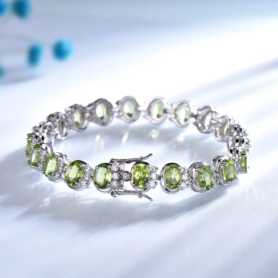 Bracelet En Argent 925 Avec Péridot Naturel - Pierre Verte - Poids 7.5g - Longueur 7 Pouces