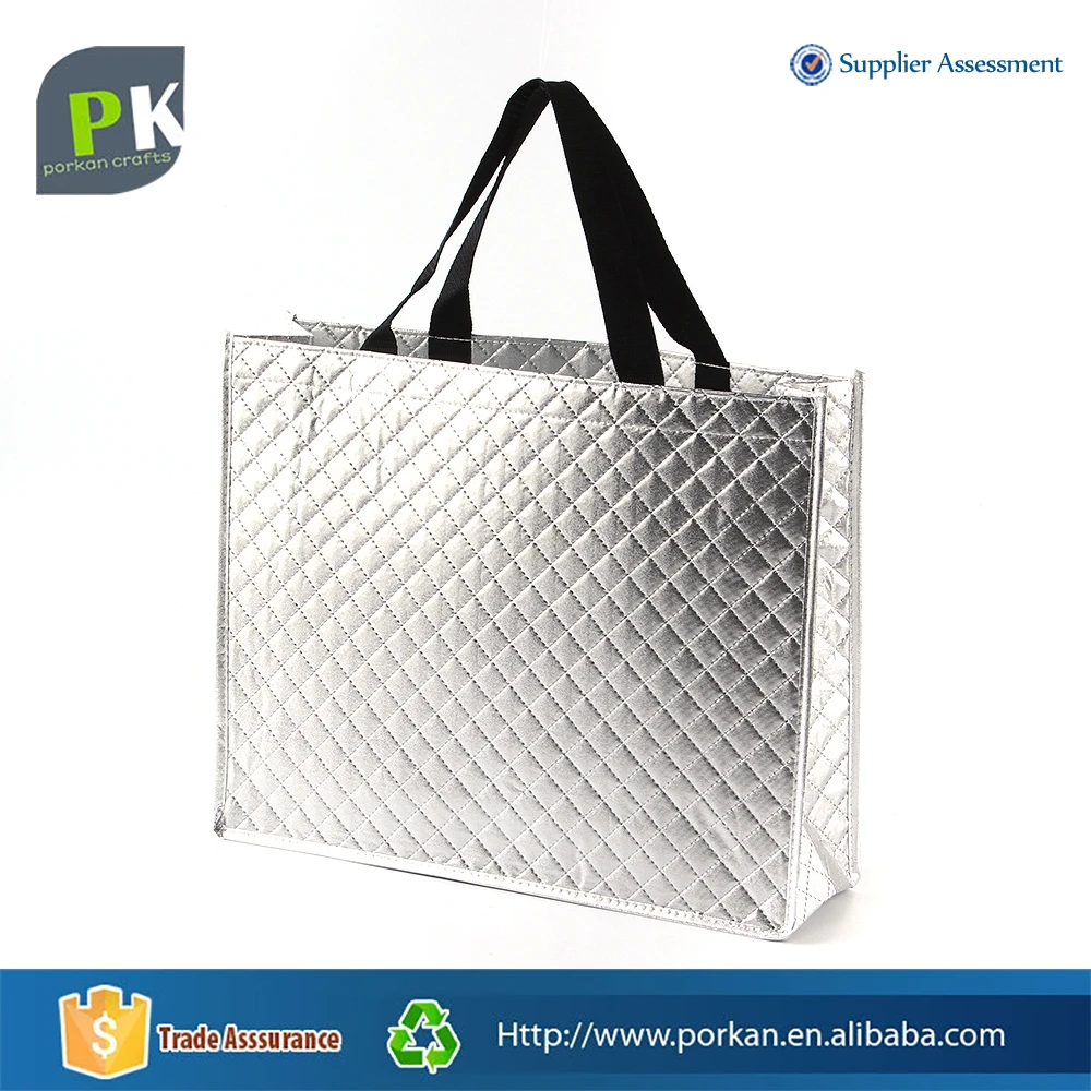 Custom Logo Eco Friendly Quilted Non Woven Going Out Tote Bag Laminated with Silver Custom Design Promotional Gifts Recyclable