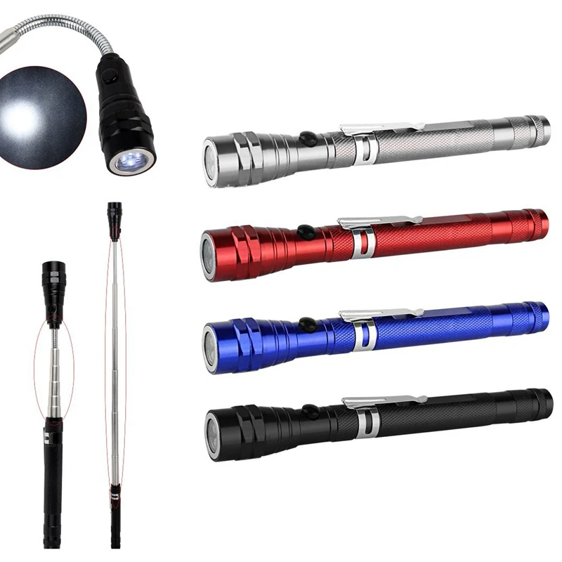 3 LED Telescopic Flexible Torch with Magnet 4-Color Pick-up Tool and Lamp Clip-on Flashlight Featuring Magnetic Pickup Colors