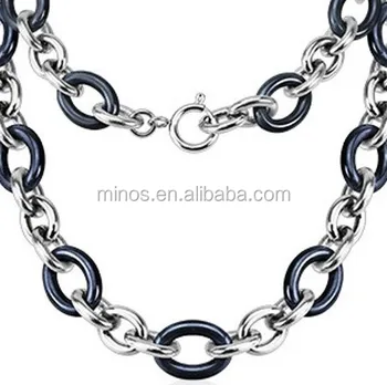 Stainless Steel Link Chain with Black Ceramic Beads Necklace