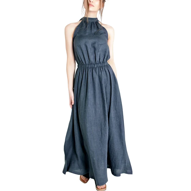 European and American Fashion Customize Linen Clothes Ladies High Neck Long Maxi Dress